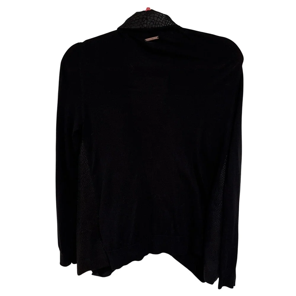 Michael Kors Women Medium Black Draped Cardigan Faux Leather Trim Moto Edgy Work